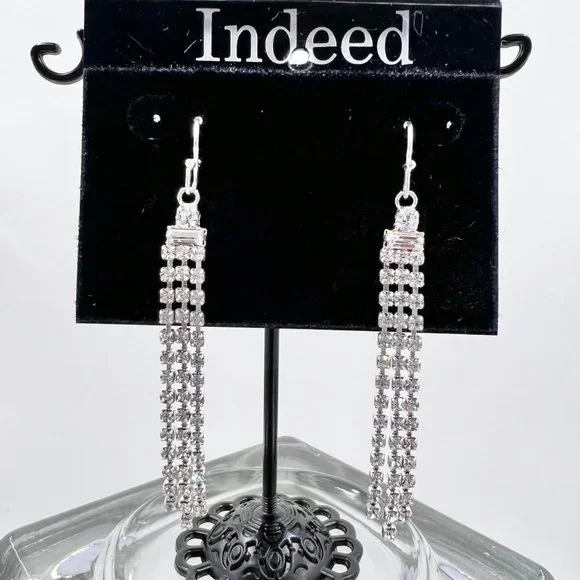 NWT - Indeed - Clear Rhinestone 3 Strand Dangle Silver Tone Fishhook Earrings - Picture 9 of 9